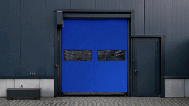 Bewegend beeld van de Dynamicroll snelroldeur met verschillende kleuren en opdrukken